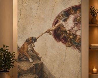 Divine Tug of War Classic Art Parody Print | Funny Boxer Dog Renaissance Wall Art | Dog Lover Poster
