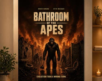 Bathroom of the Apes Funny Bathroom Poster, Apocalyptic Monkey Restroom Wall Art, Toilet Humor Movie Parody Print