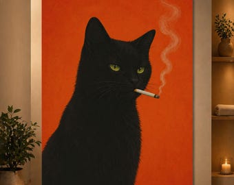 Black Cat Smoking Poster, Funny Moody Cat Wall Art, Orange Background Cat Print, Quirky Pet Portrait Decor, Cat Lover Gift