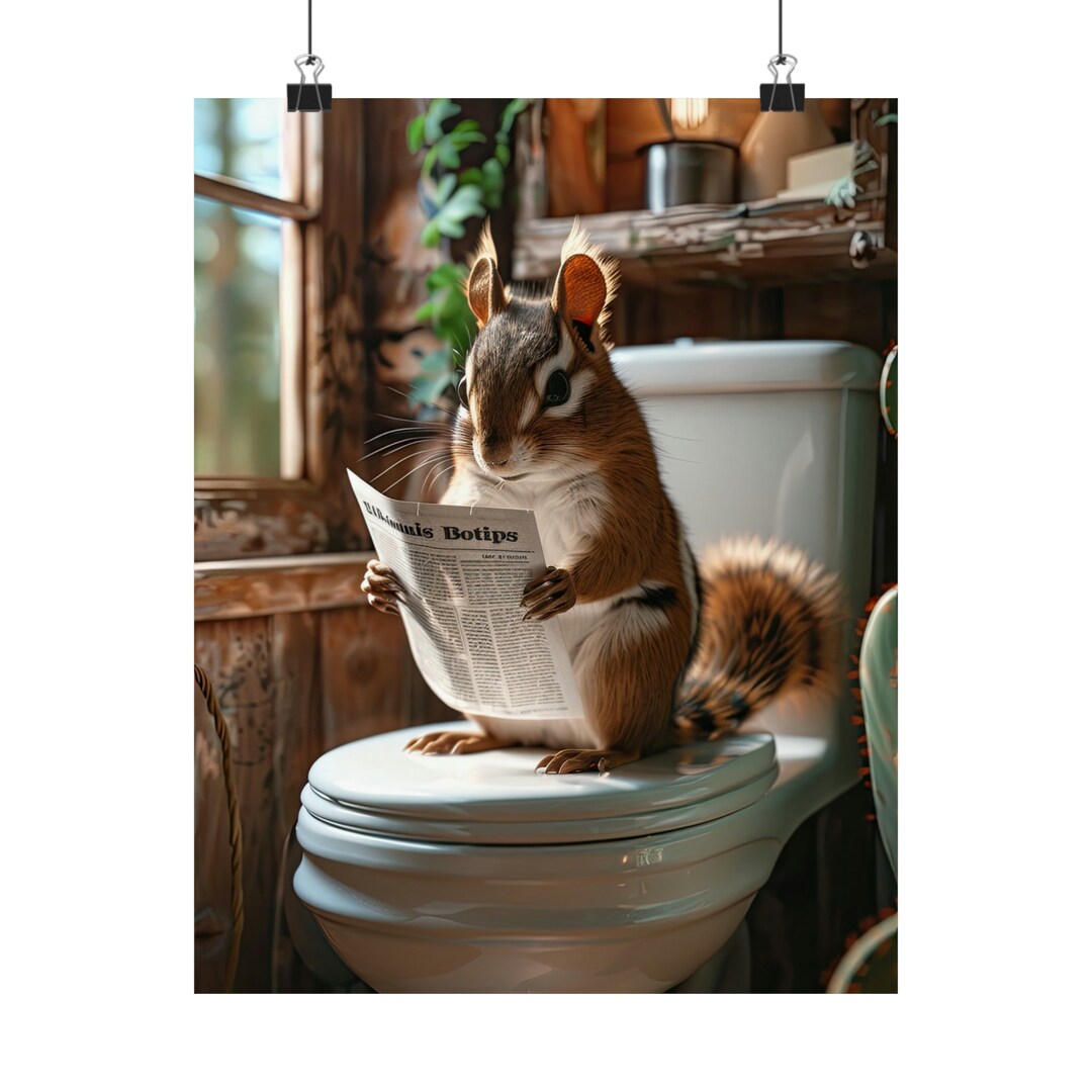Chipmunk, Reading Newspaper on Toilet, Funny, Cute, Wall Poster, Wall ...