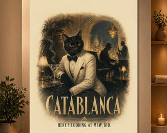Catablanca Funny Cat Poster, Vintage Movie Parody Wall Art, Black Cat Tuxedo Martini Print, Retro Jazz Bar Decor