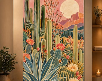 Pink Desert Cactus Wall Art Southwestern Flower Poster Retro Botanical Landscape Print