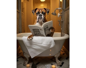 Boxer, Dog, Reading, Bath, Funny, Cute, Wall Poster, Wall Decor, Dog Lover Gift, Poster, Puppy