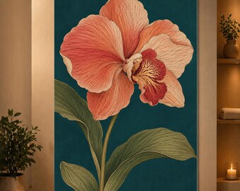 Orange Orchid Wall Art Teal Botanical Poster Vintage Tropical Flower Print