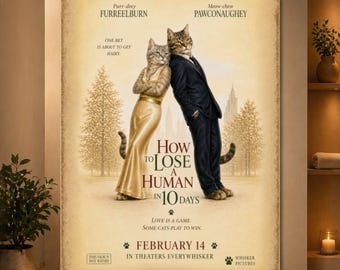How to Lose a Human in 10 Days Cat Poster, Funny Romantic Comedy Cat Wall Art, Cute Movie Parody Print, Cat Lover Gift