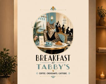 Breakfast at Tabbys Funny Cat Poster, Vintage Cafe Cat Wall Art, Coffee Croissant Catitude Print, Retro Jazz Decor