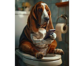 Basset Hound, dog, Reading Phone on Toilet, Funny, Cute, Wall Poster, Wall Decor,  Gift, Poster
