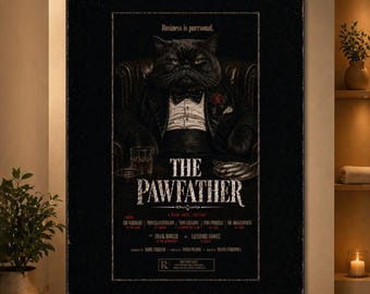 The Pawfather Cat Poster, Funny Cat Mafia Movie Poster, Vintage Black Cat Wall Art, Fat Cat Print, Retro Pet Cinema Decor
