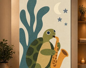Turtle Playing Saxophone Wall Art Retro Animal Musician Poster Whimsical Jazz Print