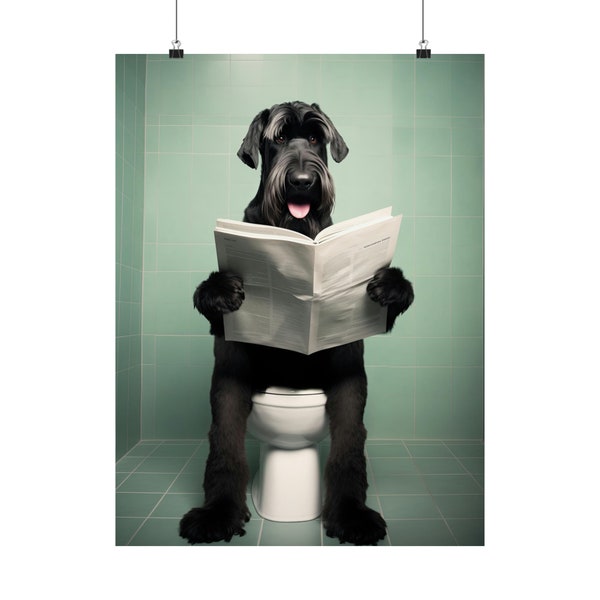 Schnauzer géant, chien, lisant le journal sur les toilettes, drôle, mignon, affiche murale, décoration murale, cadeau pour amoureux des chiens, affiche