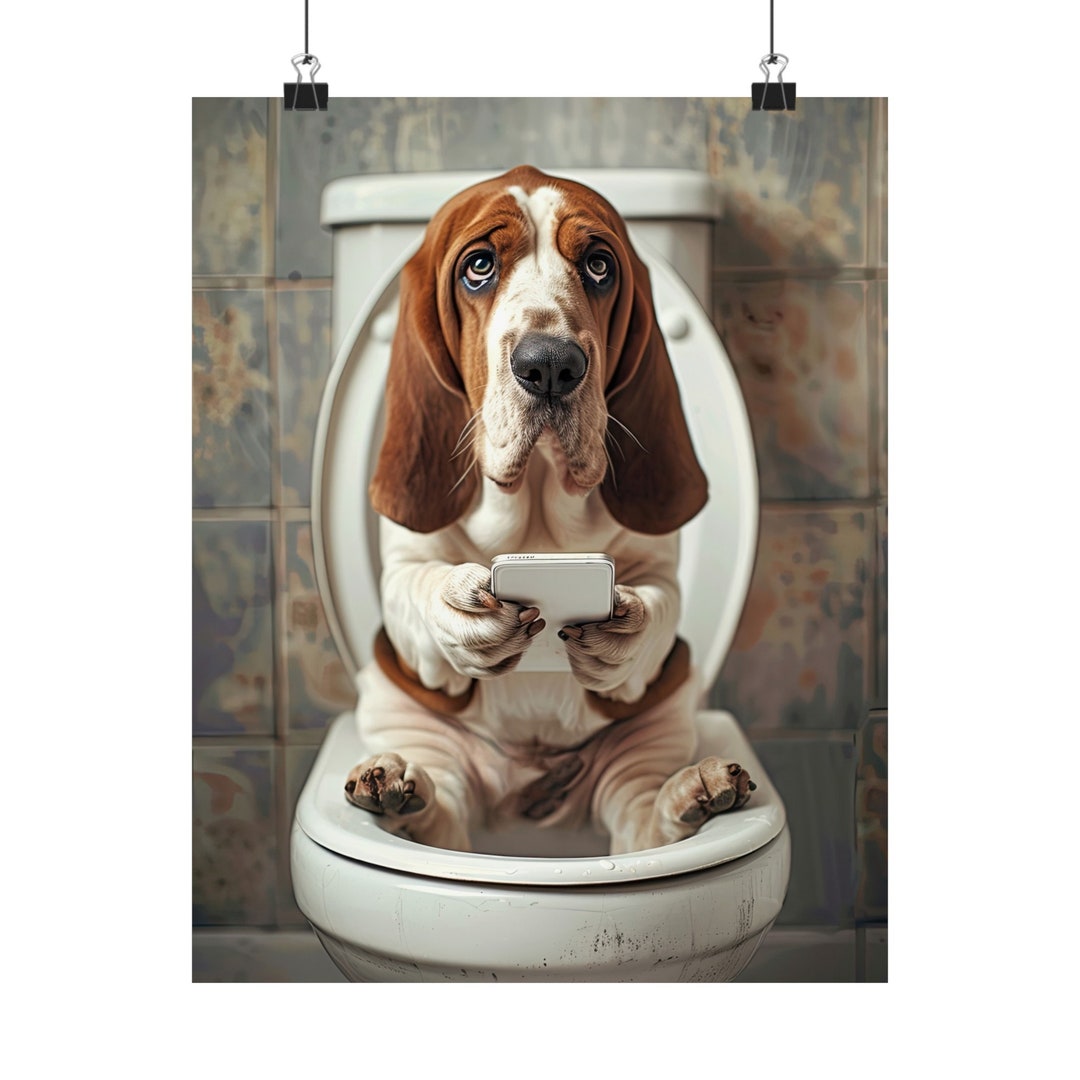 Affiche Toile Humoristique Chien Aux Toilettes - 12x16 Pouces, Déco Salle De Bain, Cadeau Drôle, Vintage