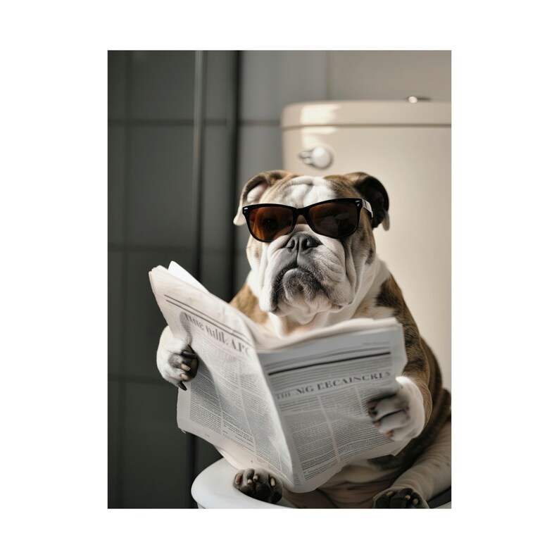 English Bulldog, Reading Newspaper on Toilet, Merle, Funny, Cute, Wall Poster, Wall Decor, Gift, Poster image 5