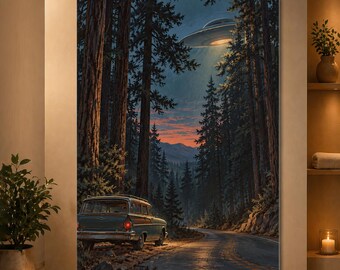 Retro UFO Forest Wall Art Vintage Car Alien Poster Mountain Road Sci Fi Print Cabin Decor