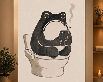 Funny Frog Bathroom Poster, Japanese Toilet Frog Art, Smoking Frog Print, Weird Minimalist Bathroom Wall Decor ,Matsumoto Hoji Inspired