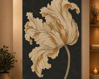 Cream Parrot Tulip Wall Art Vintage Botanical Poster Dark Floral Print Ruffled Flower Decor