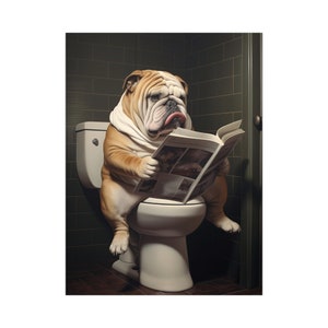 English Bulldog on Toilet, Reading Newspaper, Bathroom, Cute, Funny, Wall Poster, Wall Decor, Gift, Poster
