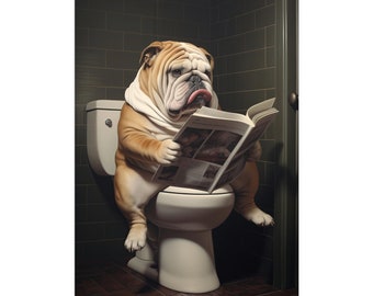 English Bulldog on Toilet, Reading Newspaper, Bathroom, Cute, Funny, Wall Poster, Wall Decor, Gift, Poster