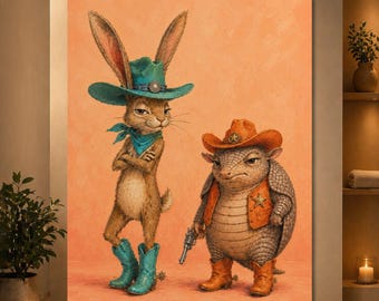 Cowboy Bunny and Armadillo Poster, Funny Western Animal Wall Art, Whimsical Rabbit Cowgirl