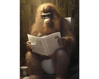 Bigfoot on Toilet, Reading, Newspaper, Forest, Bathroom, Cute, Funny, Wall Poster, Wall Decor, Gift, Poster