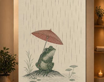 Frog with Umbrella Poster, Rainy Day Frog Wall Art, Vintage Frog Print, Whimsical Cottagecore Animal Decor