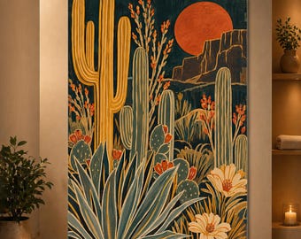 Desert Cactus Wall Art Orange Sun Vintage Southwestern Poster Dark Teal Botanical Print