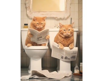 Two Orange Cats, on Toilet, Reading Newspaper, Bathroom, Cute, Funny, Wall Poster, Wall Decor, Gift, Poster