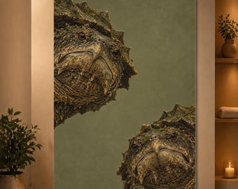 Snapping Turtle Wall Art Funny Peeking Reptile Poster Olive Green Animal Portrait Print