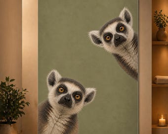 Peeking Lemur Wall Art Funny Animal Portrait Poster Olive Green Wildlife Print