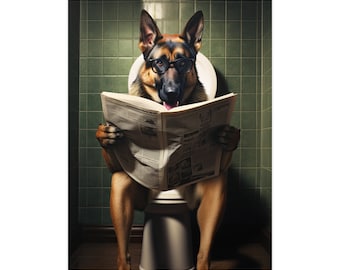 German Shepherd, Reading Newspaper on Toilet, Cute, Funny, Wall Poster, Wall Decor, Puppy, Dog Lover Gift, Poster