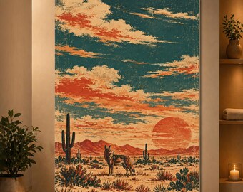 Coyote Desert Wall Art Vintage Western Sunset Poster Southwestern Landscape Print