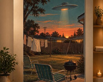 Retro UFO Wall Art Backyard Alien Poster Vintage Sci Fi Print Sunset Laundry Scene Decor