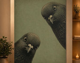 Two Nosy Pigeons Poster, Vintage Bird Wall Art, Funny Pigeon Print, Dark Academia Bird Decor, Quirky Animal Poster