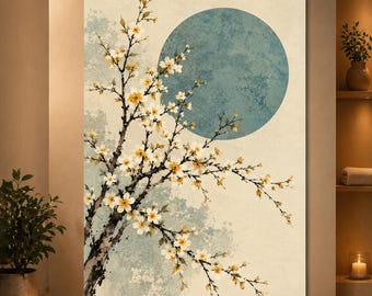 Blossom Branch Wall Art Vintage Japanese Floral Poster Blue Sun Botanical Nature Print