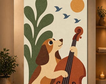 Dog Playing Double Bass Wall Art Retro Animal Musician Poster Whimsical Jazz Print