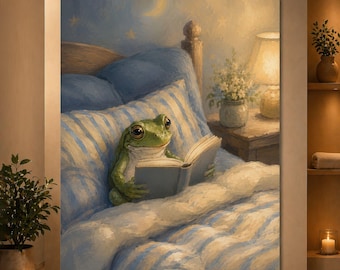 Cozy Frog Reading in Bed Poster, Whimsical Frog Wall Art, Bedtime Story Nursery Print, Cute Animal Bedroom Decor