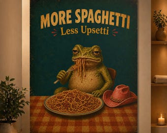 More Spaghetti Less Upsetti Frog Poster, Funny Vintage Kitchen Wall Art, Cowboy Frog Eating Pasta Print, Quirky Food Decor
