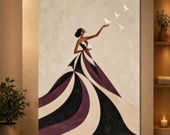 May include: A wall art print featuring a figure in a long, flowing gown with a geometric pattern of black, dark purple, and cream-colored curved segments. The figure reaches upward toward three white birds flying against a textured beige background.
