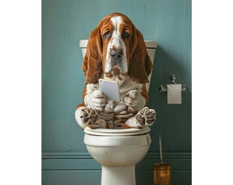 Basset Hound, dog, Reading Phone on Toilet, Funny, Cute, Wall Poster, Wall Decor,  Gift, Poster
