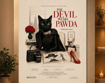The Devil Wears Pawda Cat Poster, Funny Fashion Cat Wall Art, Chic Black Cat Movie Poster, Vintage Glam Cat Print