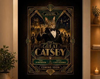 The Great Catsby Cat Poster, Funny Art Deco Cat Wall Art, 1920s Gatsby Inspired Literary Cat Print, Black Gold Cat Lover Gift