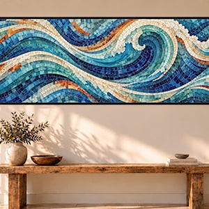 May include: A large rectangular wall art piece featuring a mosaic design of a crashing ocean wave. The artwork uses a palette of deep navy, bright turquoise, light blue, and warm copper-toned tiles arranged in flowing, curved patterns.