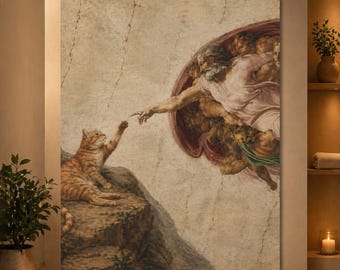 Creation of Cat Poster, Renaissance Cat Parody Print, Funny Michelangelo Inspired Wall Art, Classical Cat Meme Decor
