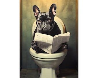 French Bulldog, Reading Newspaper, Toilet, Dogs, Bathroom, Cute, Funny, Wall Poster, Wall Decor, Gift, Poster