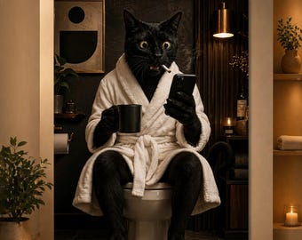 Funny Black Cat Bathroom Poster, Cat on Toilet with Phone, Coffee Cat Wall Art, Dark Bathroom Humor, Cat Lover Gift