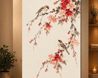Sparrow Wall Art Vintage Cherry Blossom Bird Poster Floral Nature Print Asian Inspired Decor