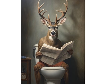 Buck, Reading Newspaper, Toilet, Deer, Bathroom, Cute, Funny, Wall Poster, Wall Decor, Gift, Poster