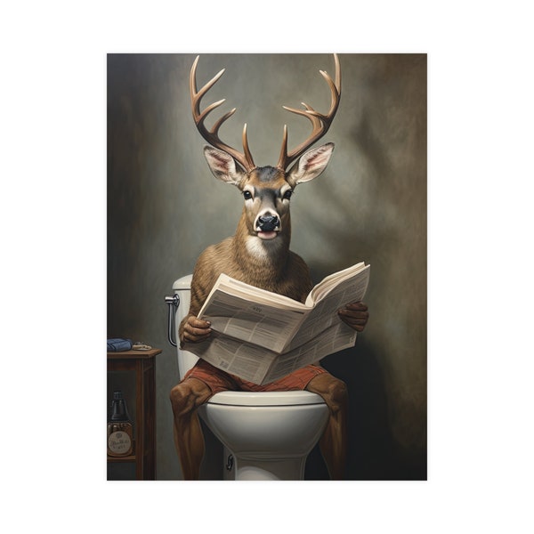 Buck, Reading Newspaper, Toilet, Deer, Bathroom, Cute, Funny, Wall Poster, Wall Decor, Gift, Poster