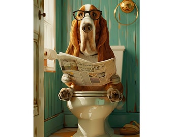 Basset Hound, Reading on Toilet, Funny, Cute, Wall Poster, Wall Decor,  Gift, Poster