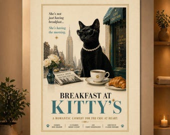 Breakfast at Kittys Cat Poster, Chic Black Cat Wall Art, Funny Vintage Cat Movie Poster, Glam Cat Print, Cat Lover Gift