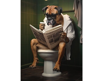 Boxer, Reading Newspaper, Toilet, Dogs, Bathroom, Cute, Funny, Wall Poster, Wall Decor, Gift, Poster